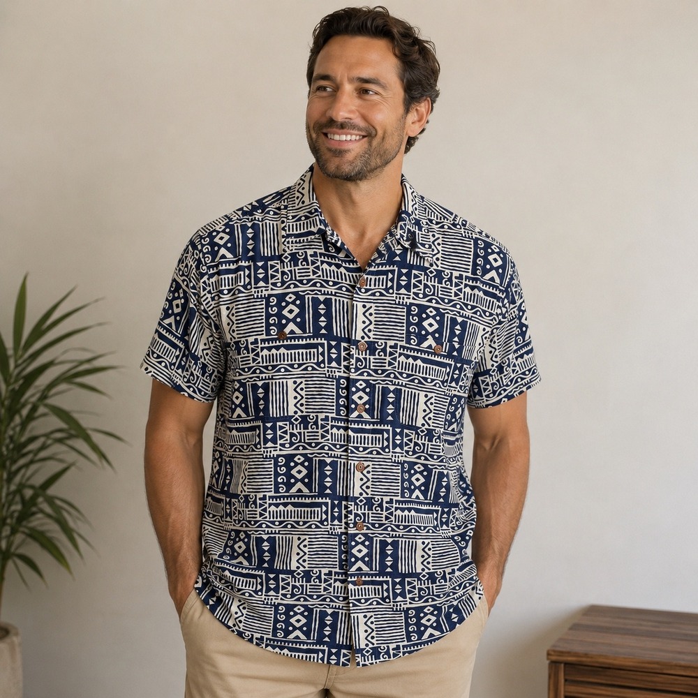 Orvis Mens Tribal Print Button Up Shirt L Navy White Short Sleeve Cotton Aztec